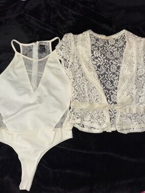 Women's Ivory Lace Wrap Top and Bodysuit Set